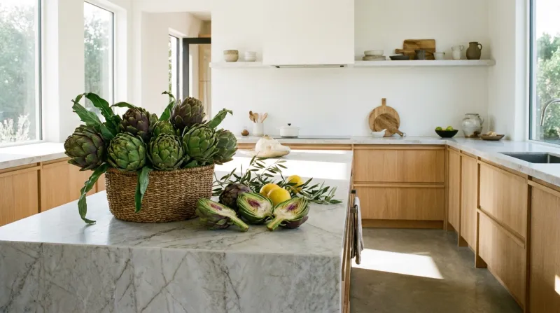 Une photo d'artichauts frais dans une cuisine lumineuse et contemporaine