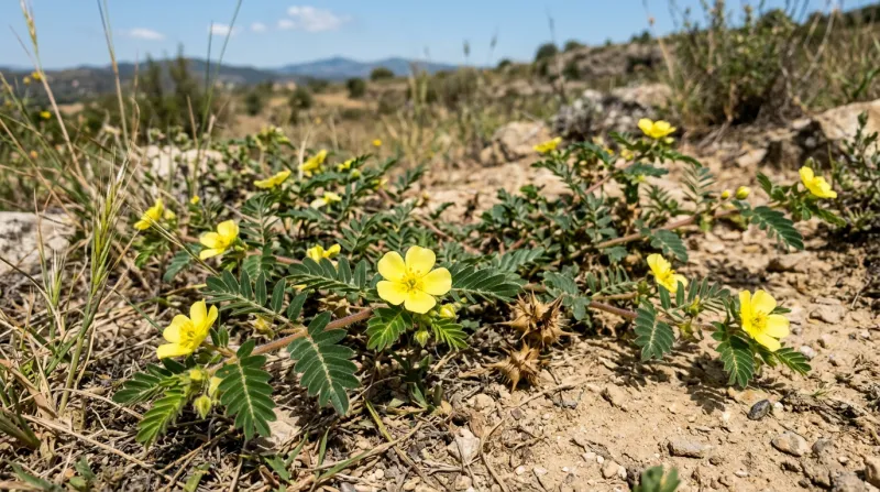 Une photo de la plante Tribulus terrestris avec ses fleurs jaunes dans un environnement naturel et l