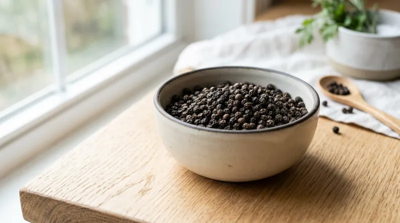 Une photo de grains de poivre noir dans un bol