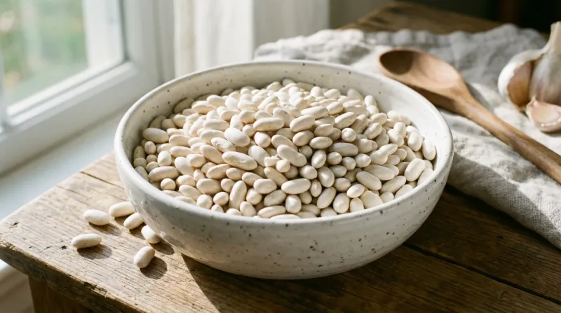 Une photo de haricots blancs secs dans un bol 