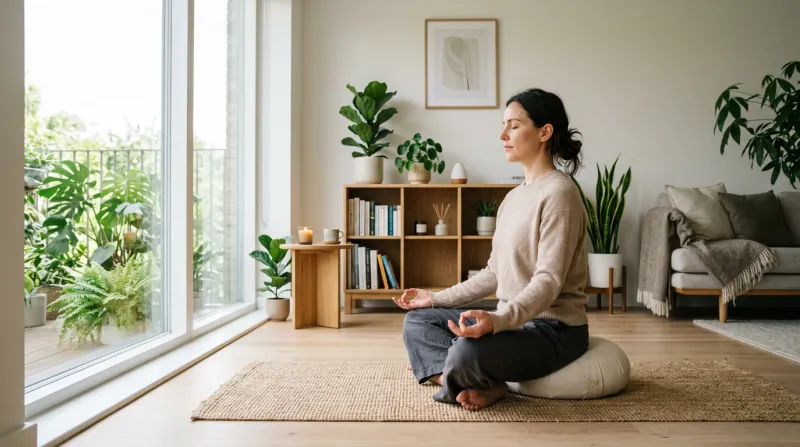 Une photo d'une personne sereine pratiquant la méditation dans un salon