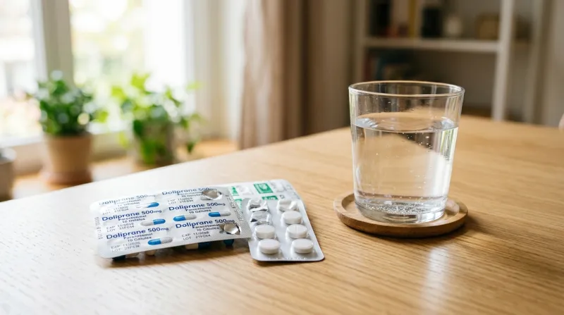 Une photo de plaquettes de médicaments et d'un verre d'eau posés sur une table en bois clair et lumi