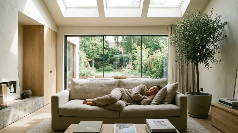 Une photo d'une personne se reposant calmement dans un intérieur moderne et lumineux