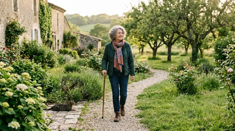 Femme qui marche dans son jardin 