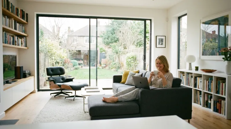 Personne travaillant chez elle dans son salon
