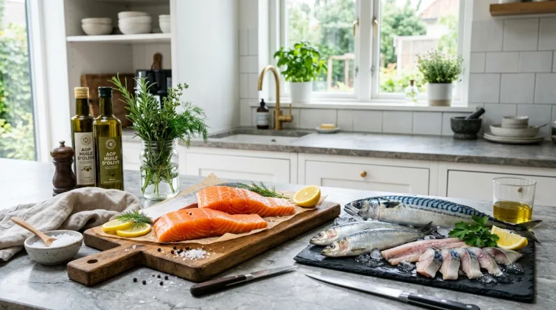 Une photo de filets de saumon frais et de poissons gras disposés sur un plan de travail de cuisine m