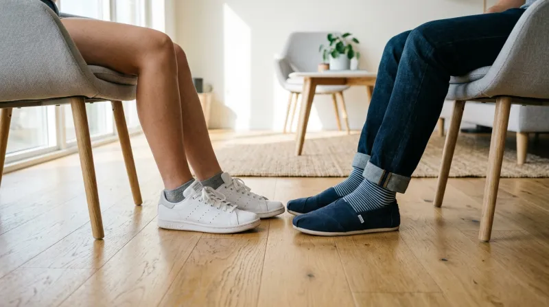  gros plan des pieds de deux personnes assises l'une en face de l'autre