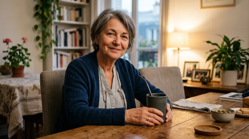 Femme chez elle, à table, un verre devant elle 