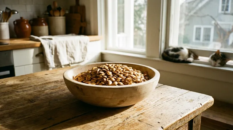 Une photo de graines de courge dans un bol en bois clair