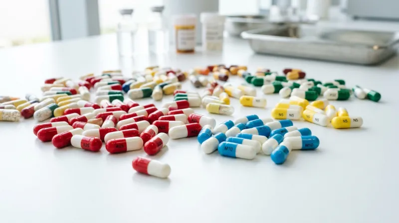 Une photo de gélules pharmaceutiques disposées sur une surface blanche et lumineuse