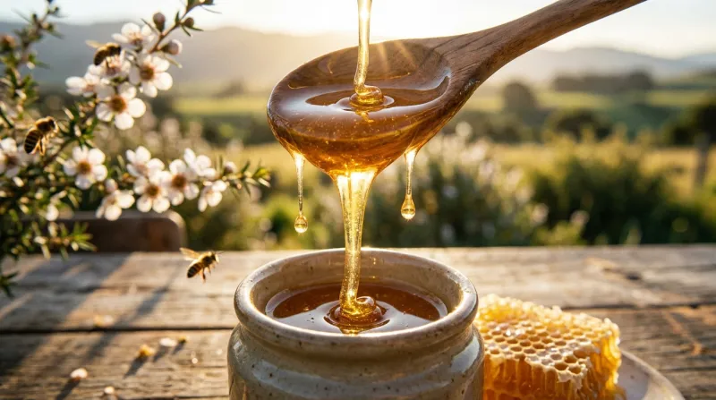 Une photo lumineuse de miel de manuka doré coulant d'une cuillère en bois