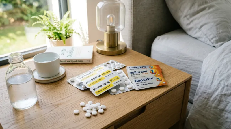 Une photo de plaquettes de médicaments anti-inflammatoires et de comprimés dans un environnement con