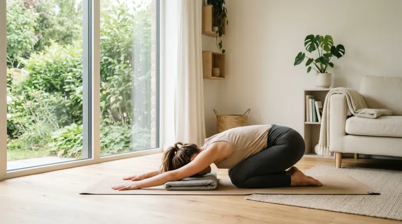 Une photo d'une femme pratiquant une posture de yoga douce dans un salon lumineux et épuré