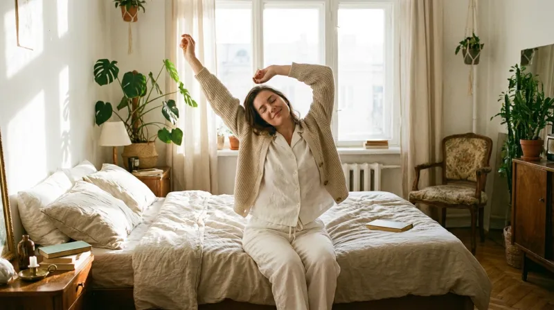 Une photo d'une personne qui s'étire doucement au bord de son lit dans une chambre lumineuse et enso