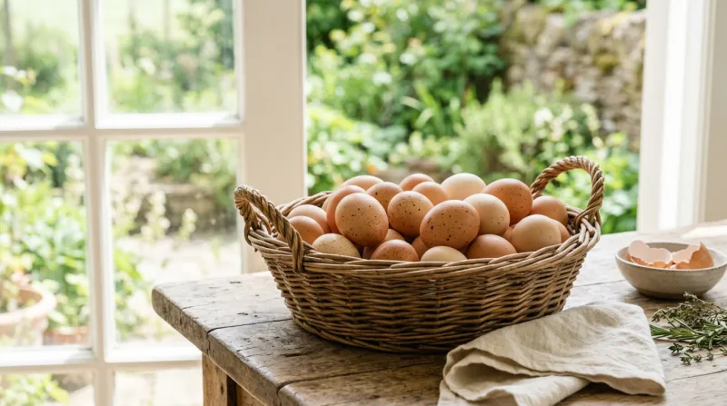 œufs frais biologiques dans un panier en osier