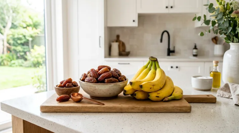 Une photo lumineuse mettant en scène des dattes et des bananes fraîches sur un plan de travail conte
