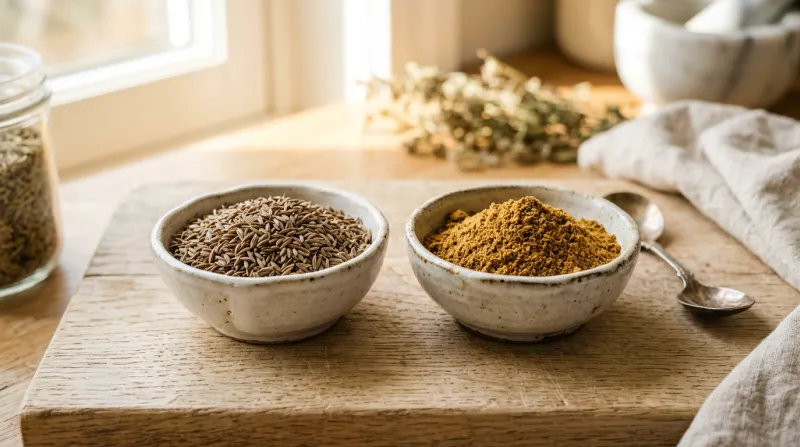 graines de cumin et cumin en poudre dans des petits récipients
