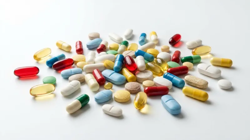 diverses gélules et comprimés disposés sur un fond blanc