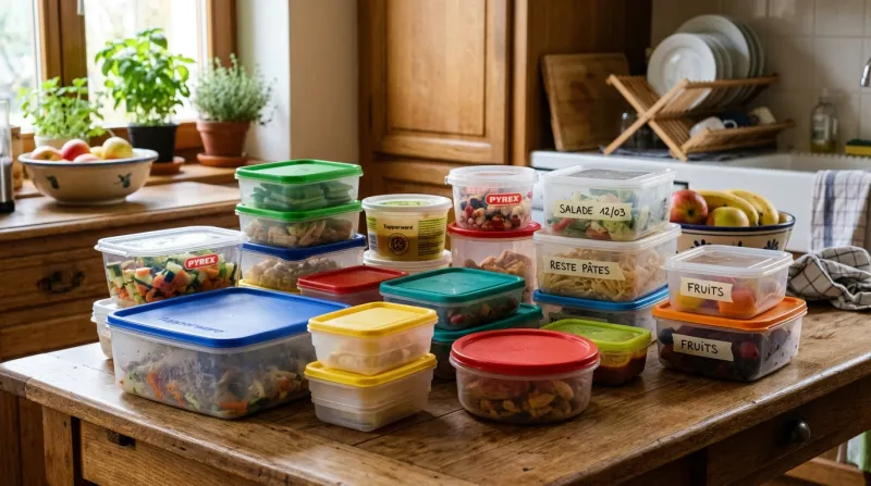 Différentes boites en plastique posées sur une table de cuisine