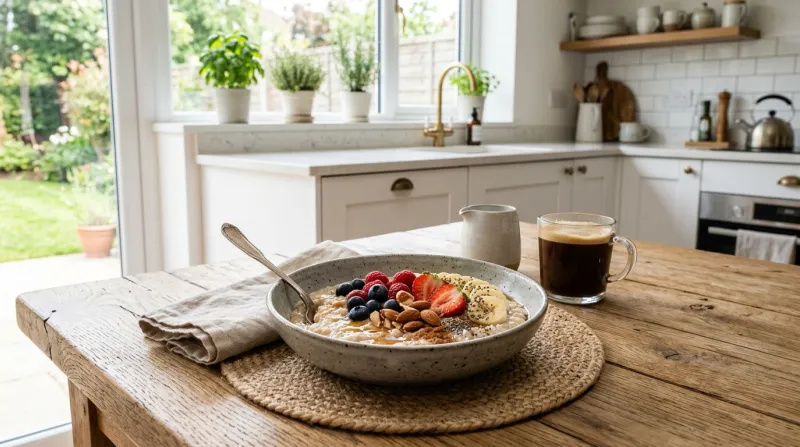 Une photo d'un bol de flocons d'avoine sur une table dans une cuisine lumineuse et moderne