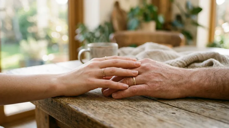 Une photo lumineuse de deux mains qui se touchent délicatement dans une atmosphère apaisante