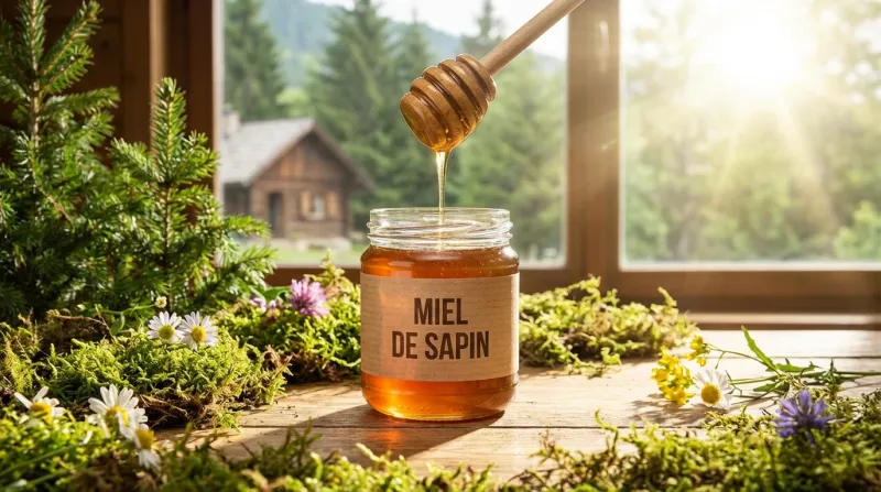 Une photo d'un pot de miel de sapin avec une cuillère à miel en bois dans un environnement lumineux 