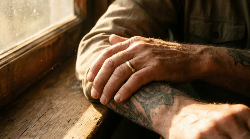 Une photo en gros plan d'une main posée sur un bras avec un éclairage chaleureux et une atmosphère l