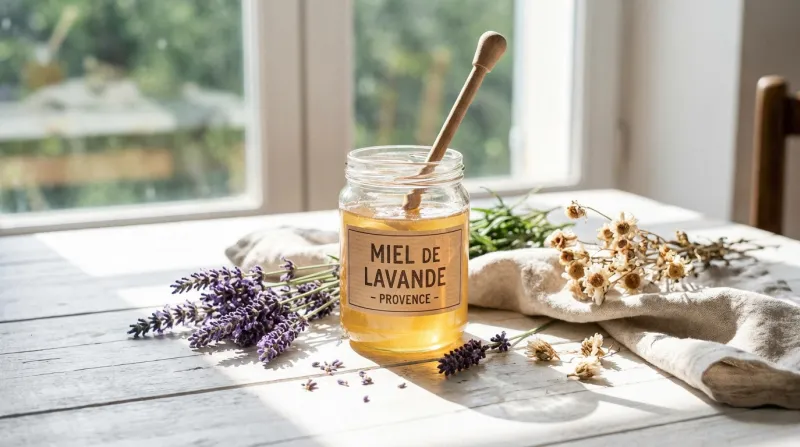 Une photo d'un pot de miel de lavande entouré de brins de lavande fraîche dans un environnement lumi