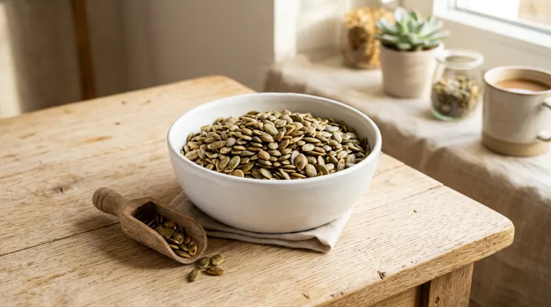 Une photo de graines de courge dans un bol blanc 