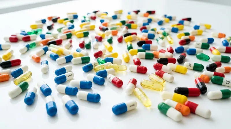 Une photo de gélules pharmaceutiques disposées sur une surface blanche et lumineuse