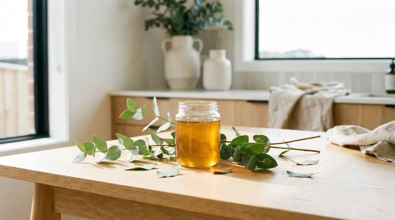 Une photo d'un pot de miel doré accompagné de feuilles d'eucalyptus fraîches sur une table en bois c