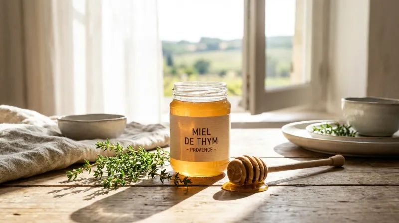 Une photo d'un pot de miel de thym avec une cuillère à miel boisée et des branches de thym frais, da