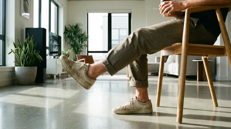 personne assise dont la jambe est en mouvement 