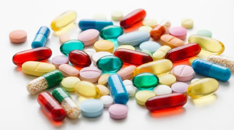plusieurs gélules et comprimés colorés sur un fond blanc
