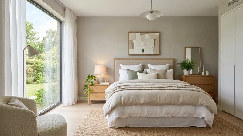 Une photo d'une chambre à coucher moderne et lumineuse avec un lit confortable et une atmosphère apa