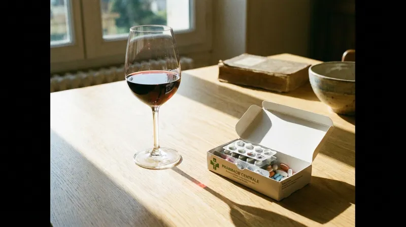  verre de vin à côté d'une boîte de médicaments sur une table