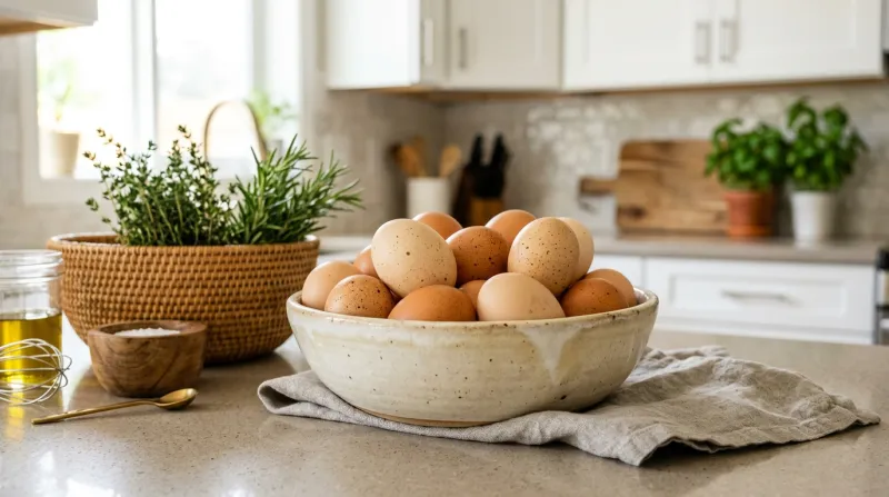 Une photo lumineuse de plusieurs œufs entiers dans un bol en céramique posé sur un plan de travail d