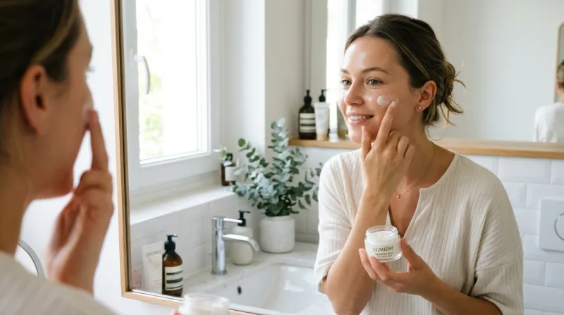 personne appliquant délicatement une crème de soin sur sa peau.
