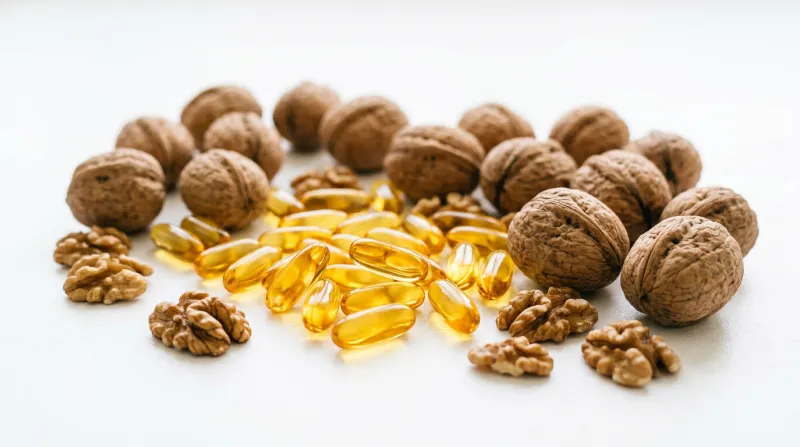 Une photo de capsules d'oméga-3 dorées et de noix sur un fond blanc lumineux