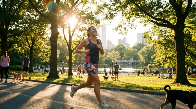 personne qui court dans un parc ensoleillé