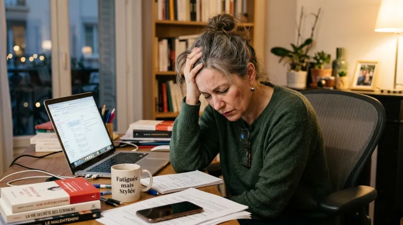 Femme qui se tient la tête, visiblement fatiguée 