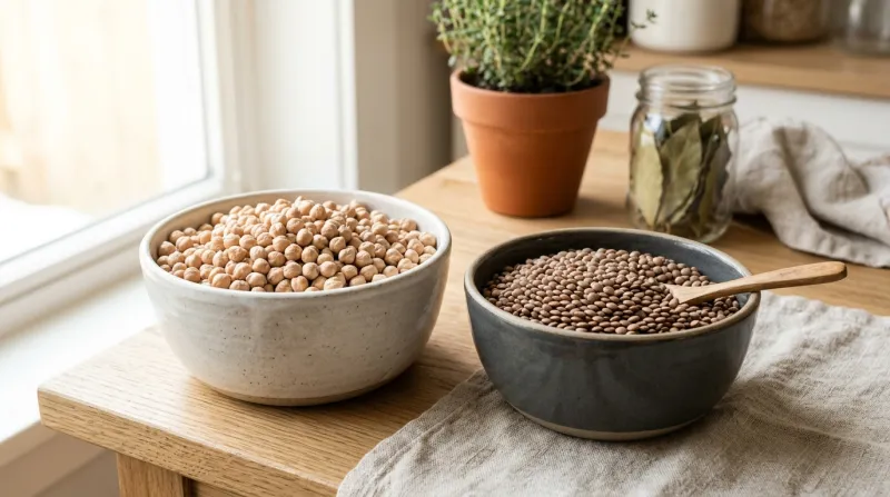 Une photo lumineuse de pois chiches et de lentilles sèches disposés dans des bols en céramique moder
