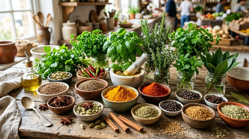 diverses épices colorées et herbes aromatiques fraîches