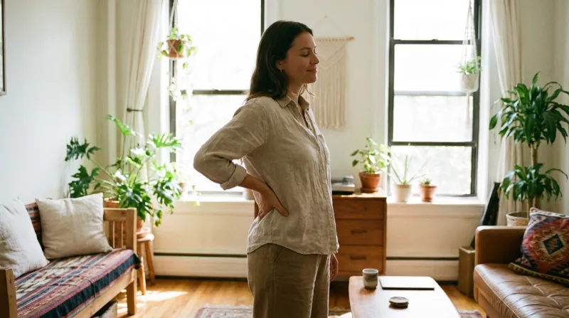 Une photo d'une personne debout dans une pièce lumineuse se tenant délicatement le bas du dos