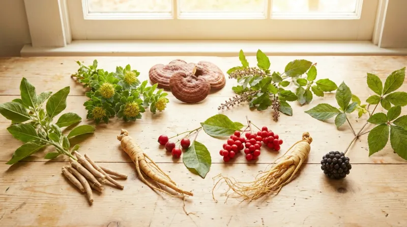 diverses plantes adaptogènes et racines médicinales