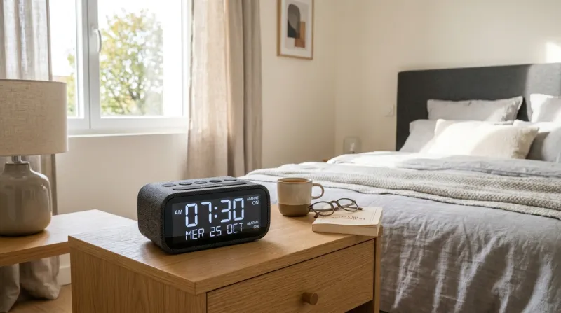 Une photo d'un réveil numérique sur une table de chevet 
