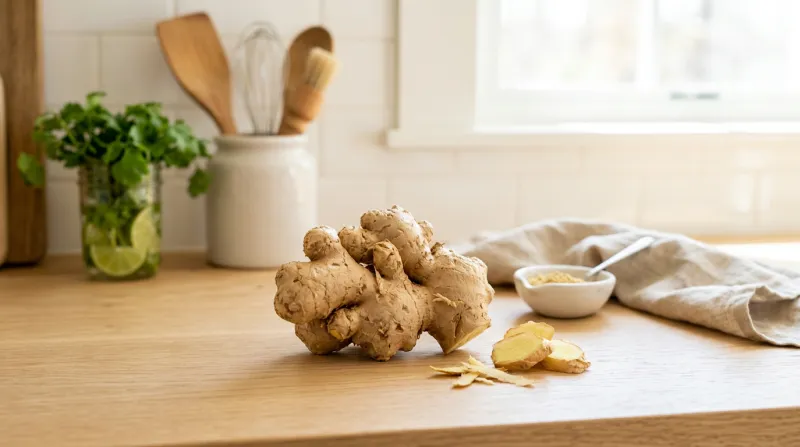  racine de gingembre fraîche sur un plan de travail