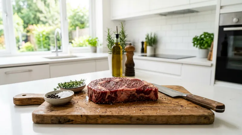 Une photo d'un morceau de bœuf de qualité sur une planche à découper 