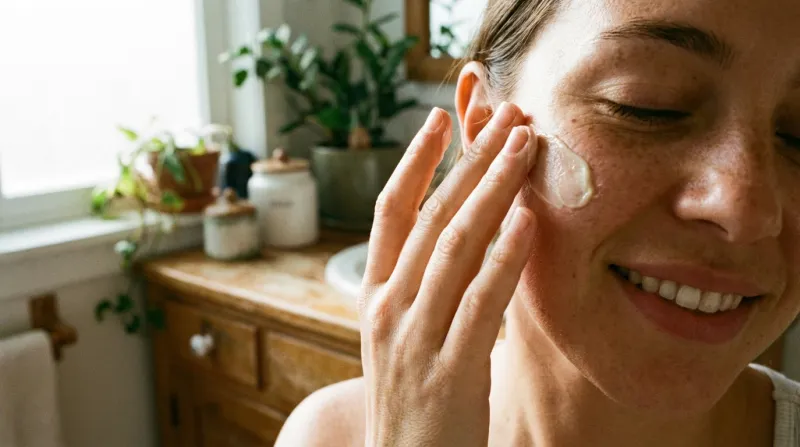 Une photo lumineuse d'une main appliquant délicatement un soin apaisant sur une peau saine
