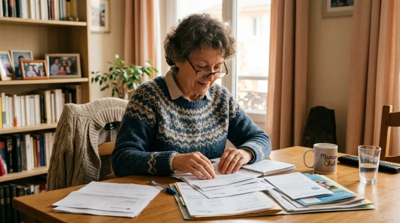 Femme chez elle, avec des papiers sur une table